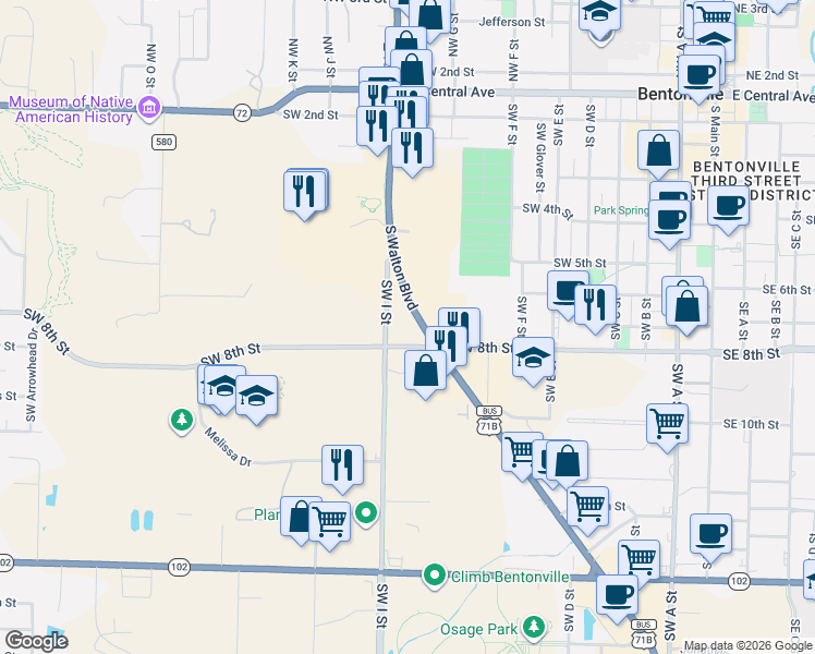map of restaurants, bars, coffee shops, grocery stores, and more near 810 Southwest 8th Street in Bentonville