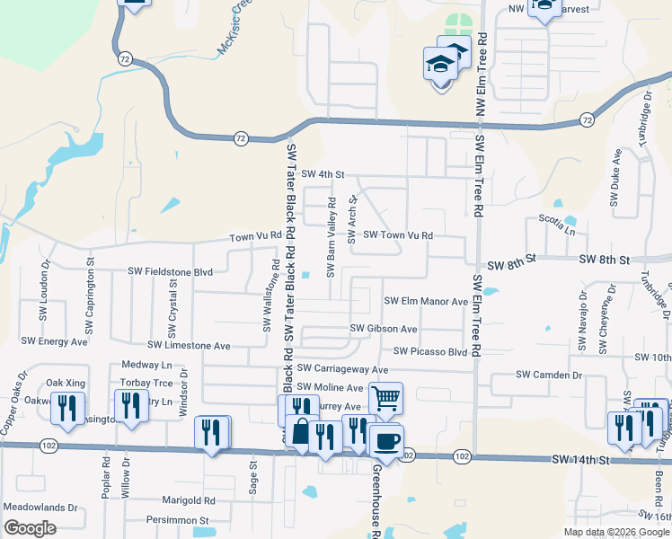 map of restaurants, bars, coffee shops, grocery stores, and more near 707 Southwest Barn Valley Road in Bentonville