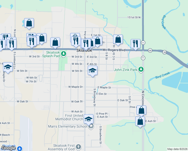 map of restaurants, bars, coffee shops, grocery stores, and more near 612 South Broadway Street in Skiatook