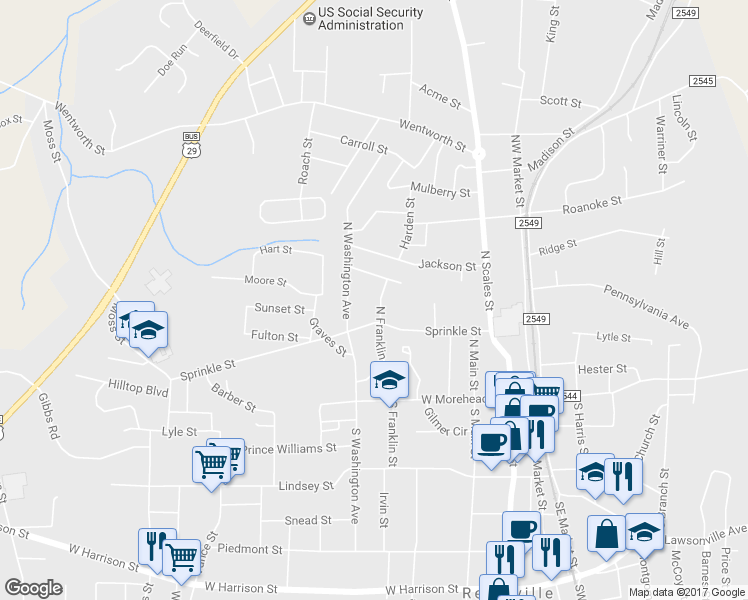 map of restaurants, bars, coffee shops, grocery stores, and more near 308 North Franklin Street in Reidsville