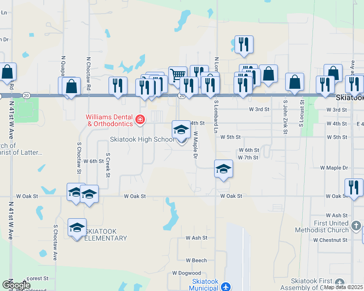 map of restaurants, bars, coffee shops, grocery stores, and more near 1000 West 4th Street in Skiatook