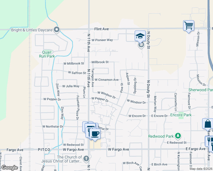 map of restaurants, bars, coffee shops, grocery stores, and more near 455 West Julia Way in Hanford