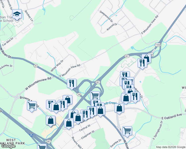 map of restaurants, bars, coffee shops, grocery stores, and more near 406 East Mountain View Road in Johnson City