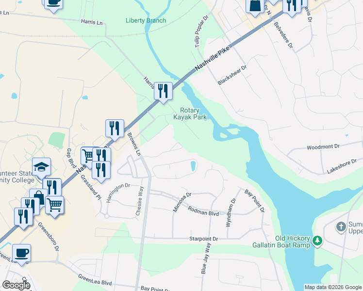 map of restaurants, bars, coffee shops, grocery stores, and more near 801 South Browns Lane in Gallatin