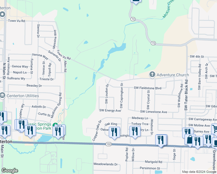 map of restaurants, bars, coffee shops, grocery stores, and more near 703 Southwest Loudon Drive in Bentonville