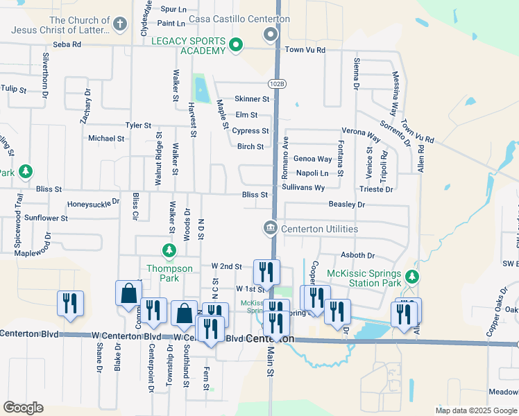 map of restaurants, bars, coffee shops, grocery stores, and more near 577 North Main Street in Centerton
