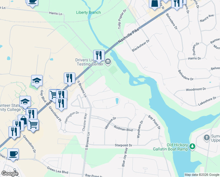 map of restaurants, bars, coffee shops, grocery stores, and more near 801 South Browns Lane in Gallatin