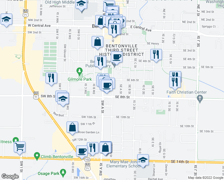 map of restaurants, bars, coffee shops, grocery stores, and more near 100 Southwest 7th Street in Bentonville