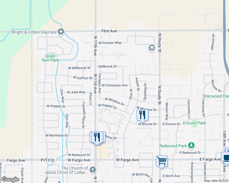 map of restaurants, bars, coffee shops, grocery stores, and more near 455 West Julia Way in Hanford