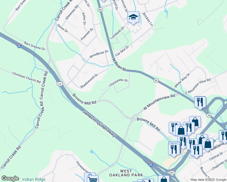 map of restaurants, bars, coffee shops, grocery stores, and more near 221 Sequoyah Drive in Johnson City