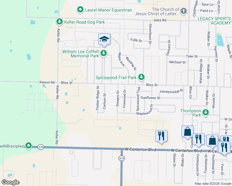 map of restaurants, bars, coffee shops, grocery stores, and more near 521 Steepro Drive in Centerton