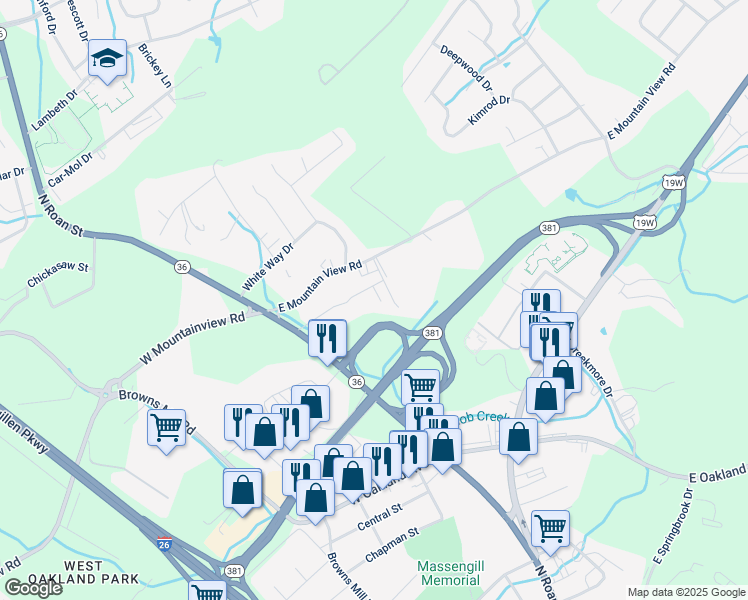 map of restaurants, bars, coffee shops, grocery stores, and more near 404 East Mountain View Road in Johnson City