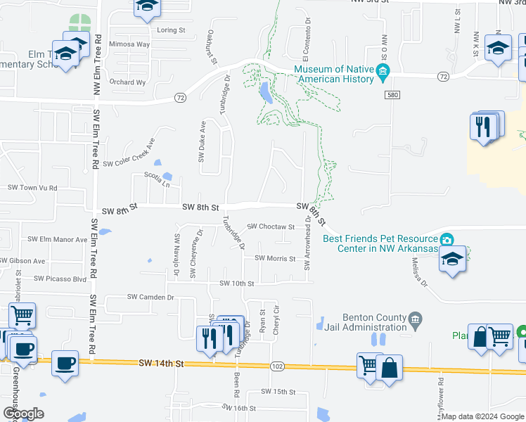map of restaurants, bars, coffee shops, grocery stores, and more near 2407 Southwest 8th Street in Bentonville
