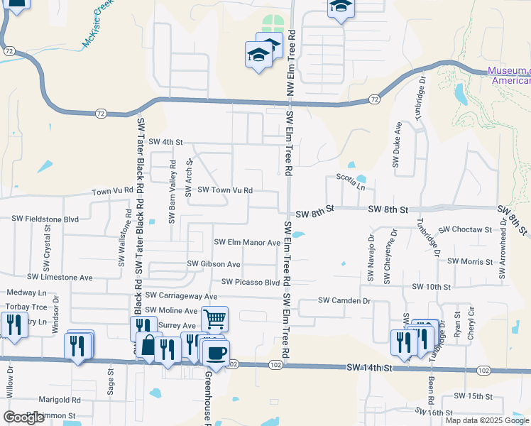 map of restaurants, bars, coffee shops, grocery stores, and more near 800 Southwest Elm Tree Road in Bentonville
