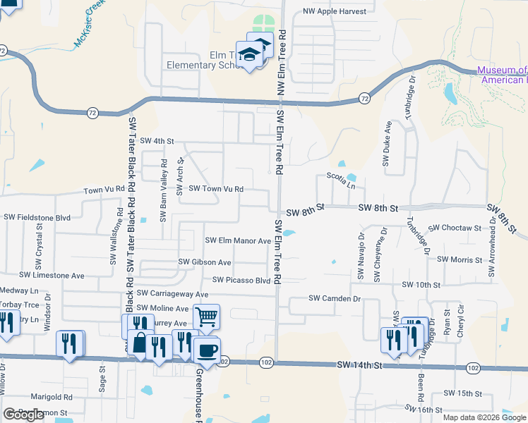 map of restaurants, bars, coffee shops, grocery stores, and more near 800 Southwest Elm Tree Road in Bentonville
