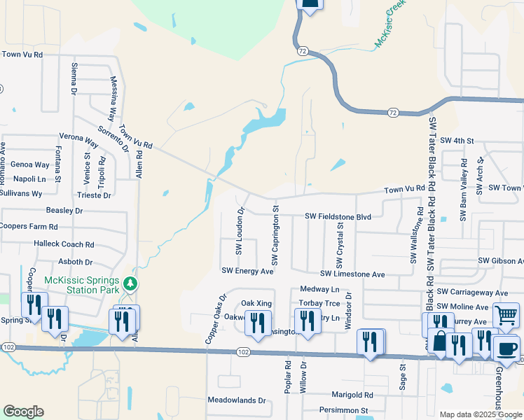 map of restaurants, bars, coffee shops, grocery stores, and more near 702 Southwest Caprington Street in Bentonville