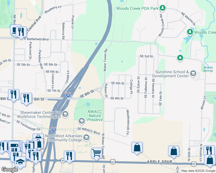 map of restaurants, bars, coffee shops, grocery stores, and more near 703 Auburn Street in Bentonville