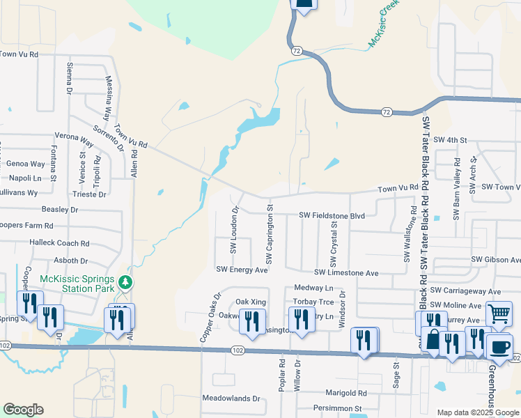 map of restaurants, bars, coffee shops, grocery stores, and more near 4902 Southwest Fieldstone Boulevard in Bentonville