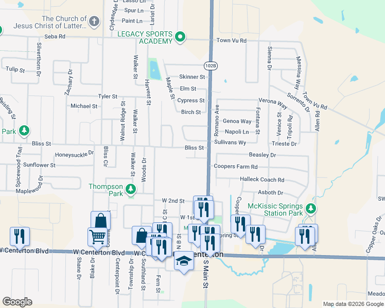 map of restaurants, bars, coffee shops, grocery stores, and more near 577 North Main Street in Centerton