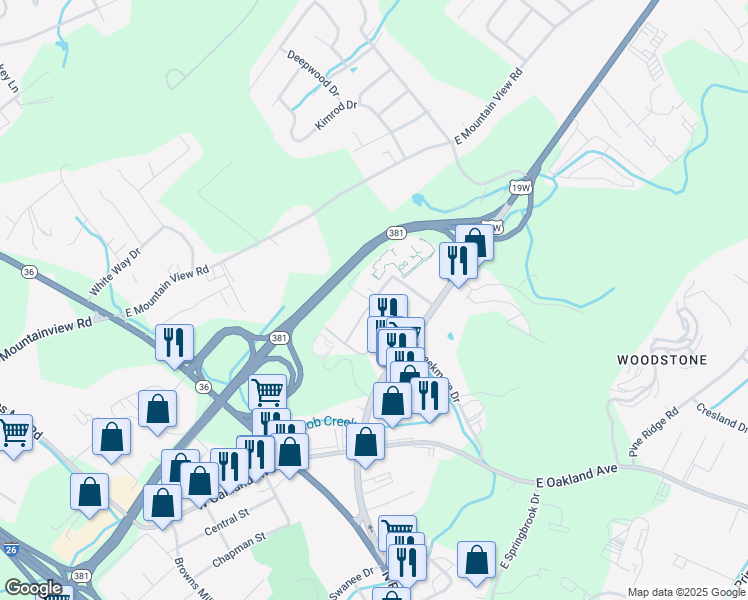 map of restaurants, bars, coffee shops, grocery stores, and more near 3125 Bristol Highway in Johnson City