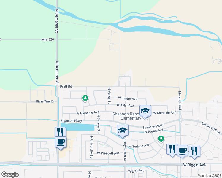 map of restaurants, bars, coffee shops, grocery stores, and more near 2904-3400 Pratt Road in Visalia