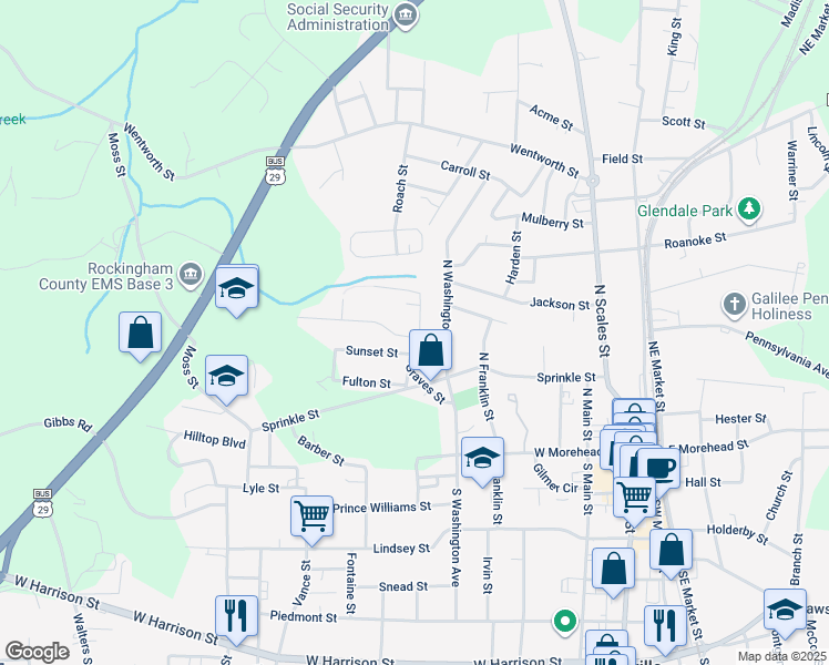 map of restaurants, bars, coffee shops, grocery stores, and more near 514 Wray Street in Reidsville