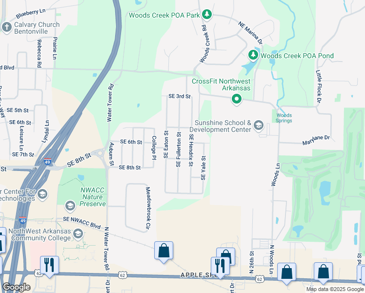 map of restaurants, bars, coffee shops, grocery stores, and more near 511 Southeast Fullerton Street in Bentonville