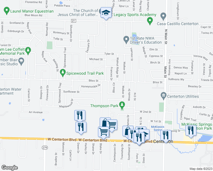 map of restaurants, bars, coffee shops, grocery stores, and more near 641 Bliss Circle in Centerton