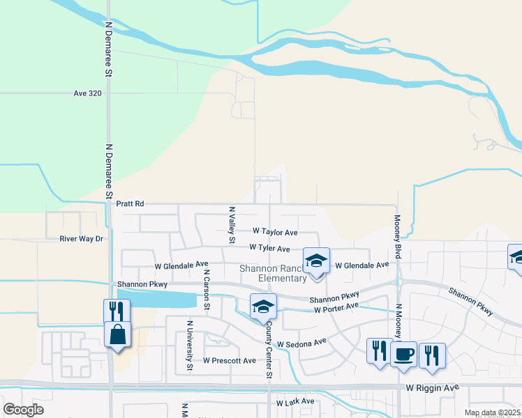 map of restaurants, bars, coffee shops, grocery stores, and more near 2736 Pratt Road in Visalia