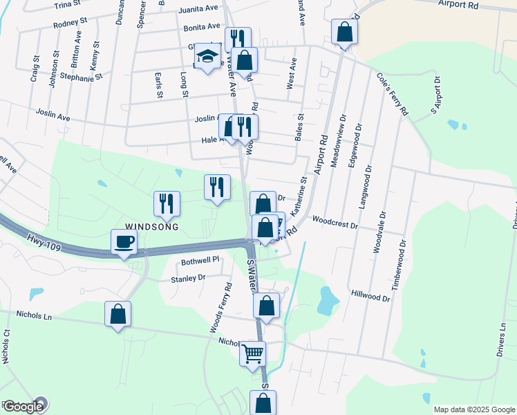 map of restaurants, bars, coffee shops, grocery stores, and more near 118 Kendra Drive in Gallatin