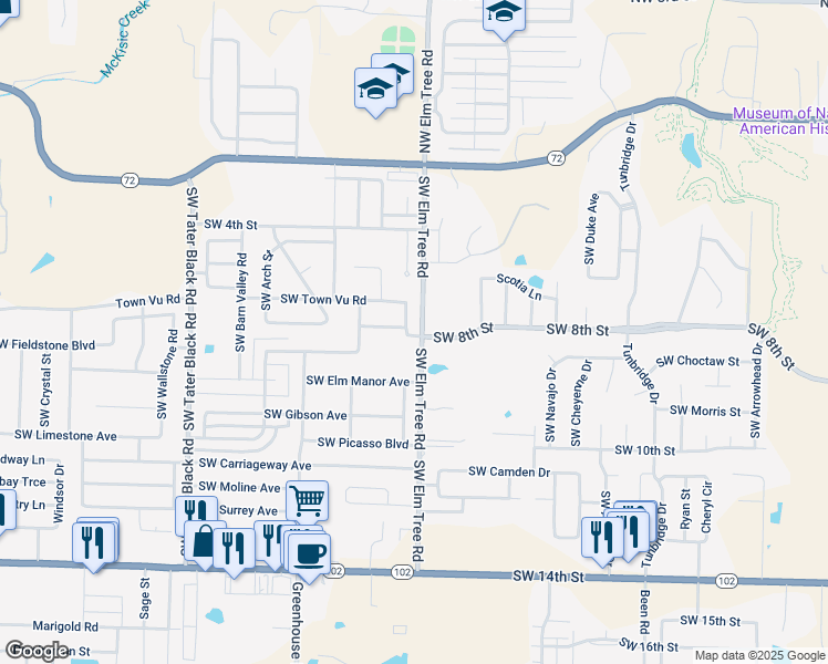 map of restaurants, bars, coffee shops, grocery stores, and more near 3401 Southwest Town Vu Road in Bentonville