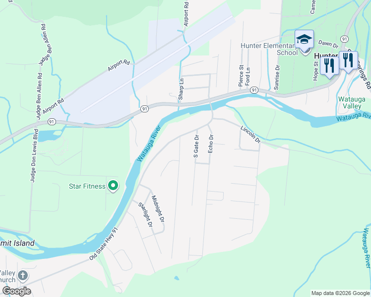 map of restaurants, bars, coffee shops, grocery stores, and more near 102 Mayfield Drive in Elizabethton
