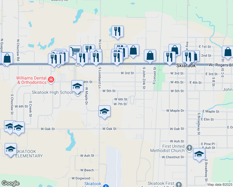 map of restaurants, bars, coffee shops, grocery stores, and more near 712 West 5th Street in Skiatook