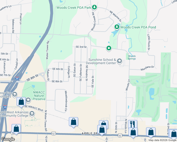 map of restaurants, bars, coffee shops, grocery stores, and more near 601 Southeast Hendrix Street in Bentonville