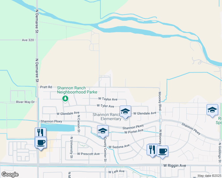 map of restaurants, bars, coffee shops, grocery stores, and more near 2734 West Newton Court in Visalia