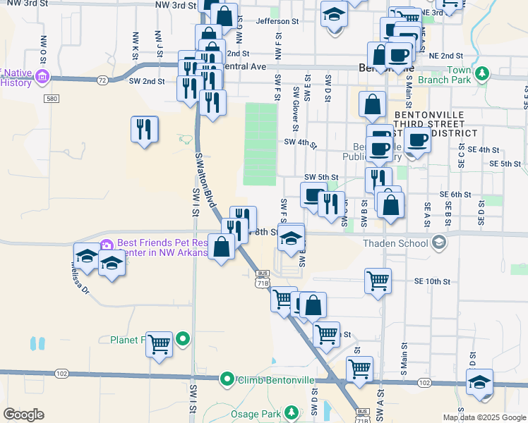 map of restaurants, bars, coffee shops, grocery stores, and more near 702 Southwest 8th Street in Bentonville