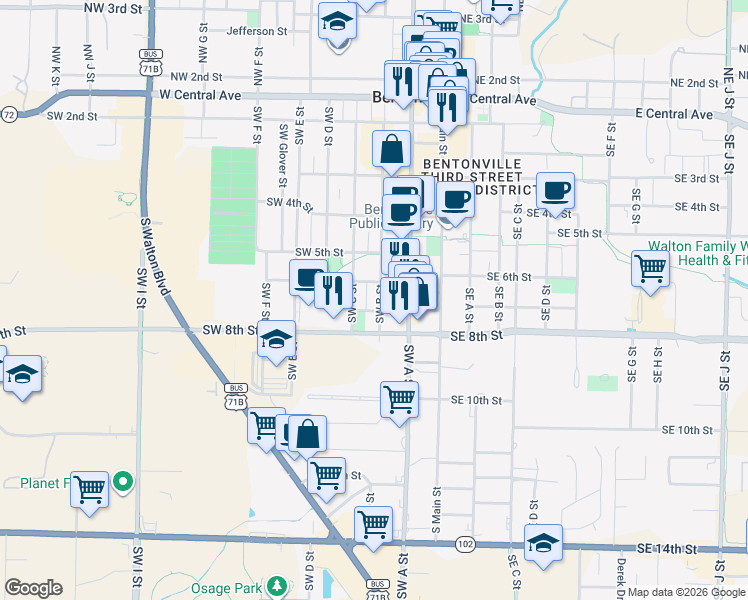 map of restaurants, bars, coffee shops, grocery stores, and more near 331 Southwest 6th Street in Bentonville
