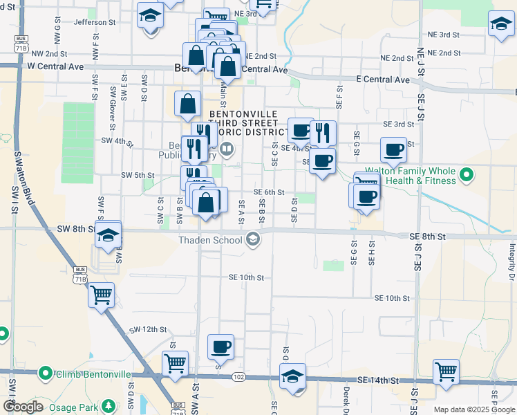 map of restaurants, bars, coffee shops, grocery stores, and more near 304 Southeast 6th Street in Bentonville