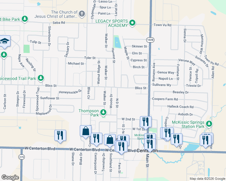 map of restaurants, bars, coffee shops, grocery stores, and more near 538 Bliss Street in Centerton