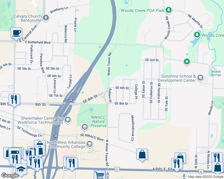 map of restaurants, bars, coffee shops, grocery stores, and more near 173-663 Water Tower Road in Bentonville