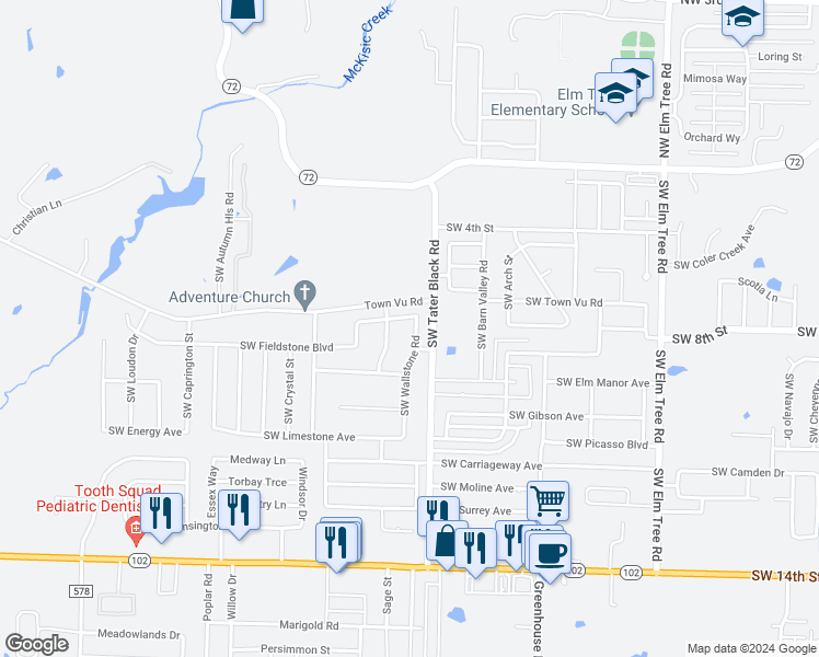 map of restaurants, bars, coffee shops, grocery stores, and more near 604 Southwest Wallstone Road in Bentonville