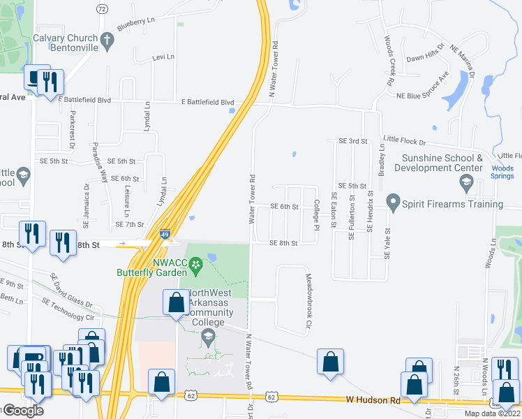 map of restaurants, bars, coffee shops, grocery stores, and more near 601 Auburn Street in Bentonville