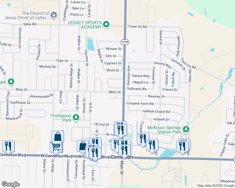 map of restaurants, bars, coffee shops, grocery stores, and more near 105 Fox Run Circle in Centerton