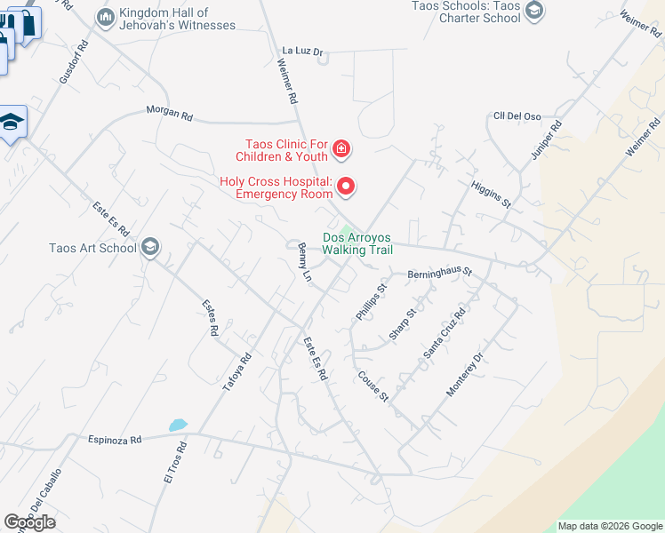 map of restaurants, bars, coffee shops, grocery stores, and more near 1350 Abby Road in Taos