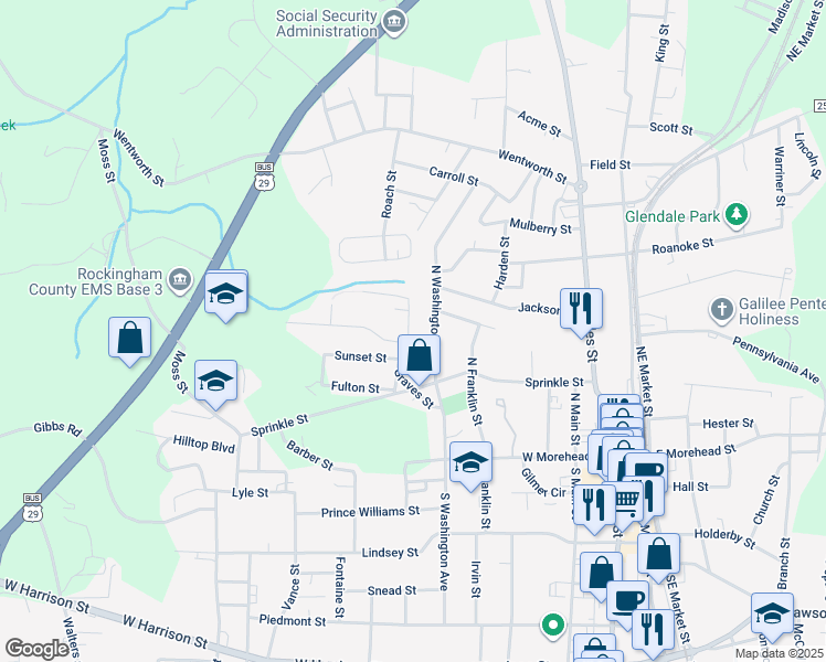 map of restaurants, bars, coffee shops, grocery stores, and more near 507 Wray Street in Reidsville