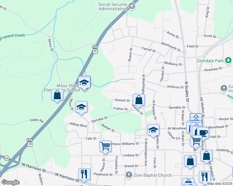 map of restaurants, bars, coffee shops, grocery stores, and more near 906 Moore Street in Reidsville