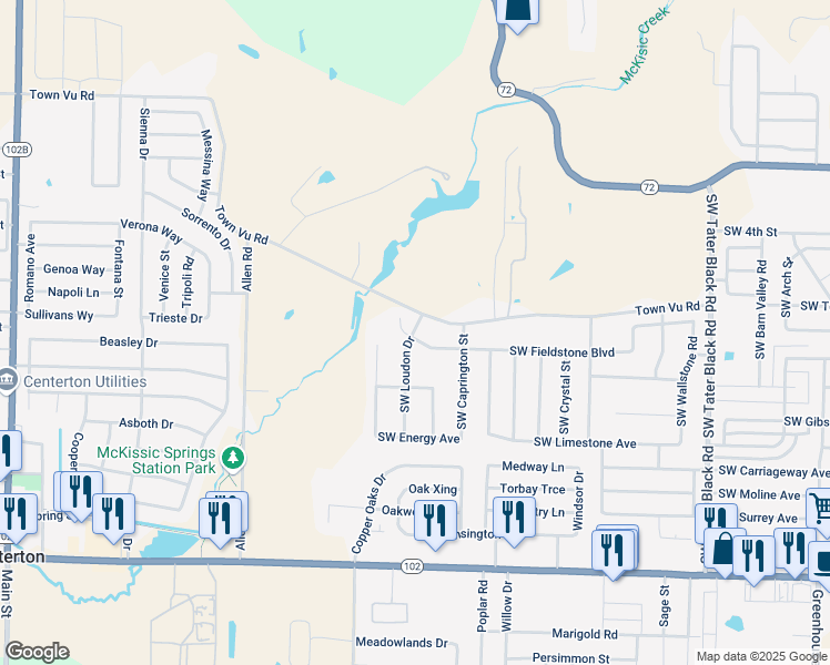 map of restaurants, bars, coffee shops, grocery stores, and more near 703 Southwest Loudon Drive in Bentonville