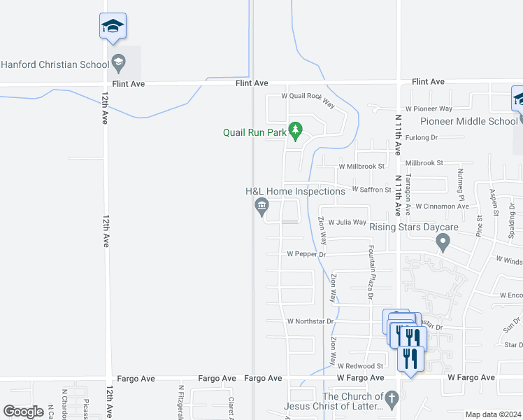 map of restaurants, bars, coffee shops, grocery stores, and more near 3068 North Madison Way in Hanford