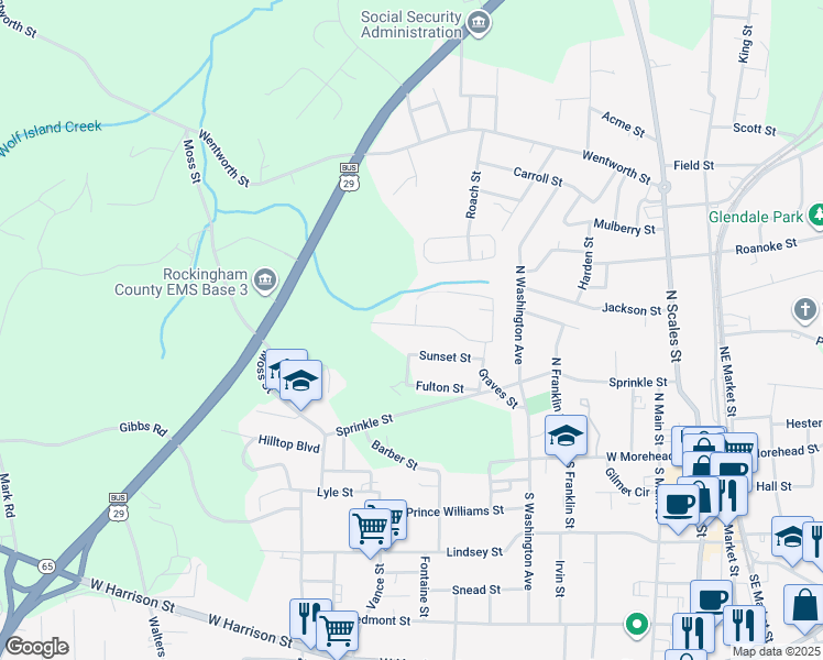 map of restaurants, bars, coffee shops, grocery stores, and more near 901 Moore Street in Reidsville