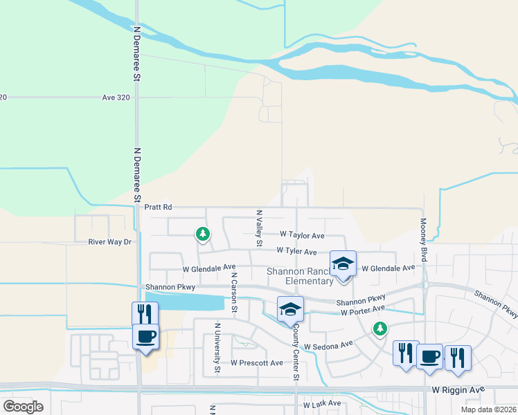map of restaurants, bars, coffee shops, grocery stores, and more near 2904 Pratt Road in Visalia
